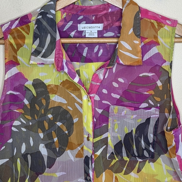 Liz Claiborne | Sheer Colorful Tropical Leaf Sleeveless Button Front Blouse - Picture 2 of 5
